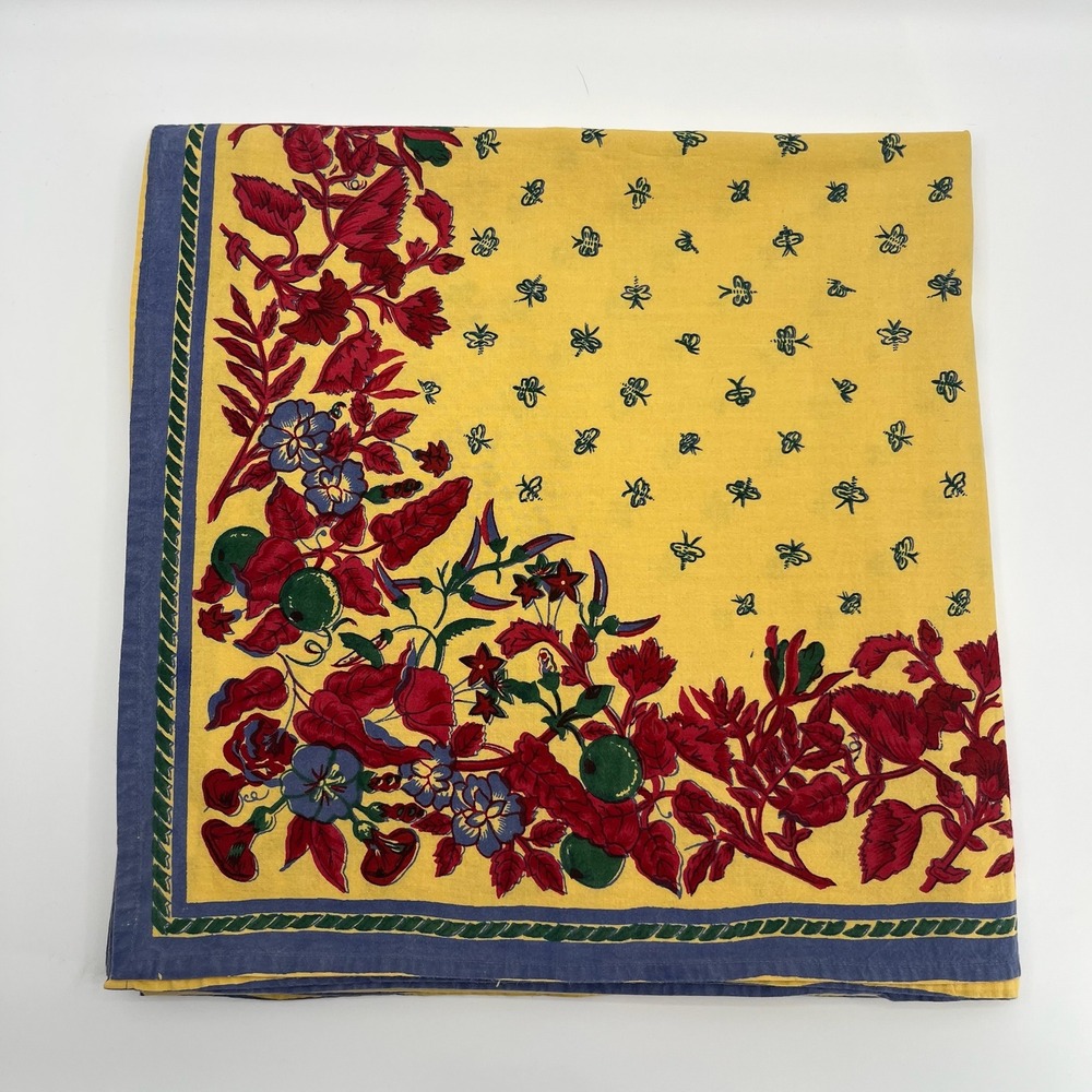 Vtg 90s Williams Sonoma Tablecloth 68x68 Bumble Bee Floral Cotton Cottagecore